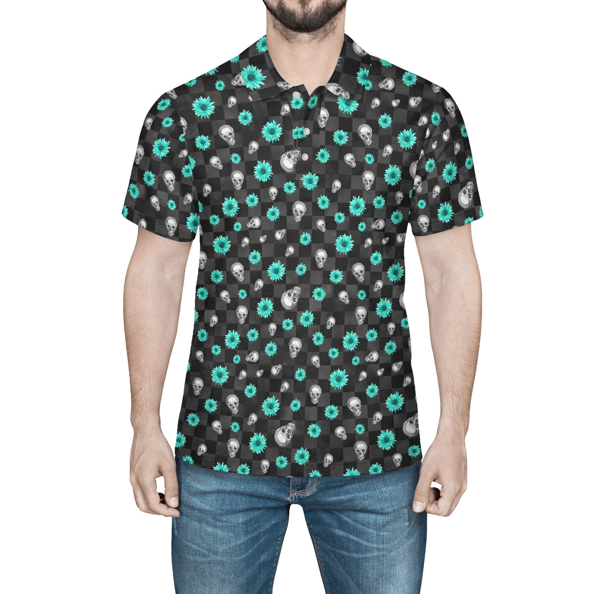 SkullFlowers Checked Out Polo