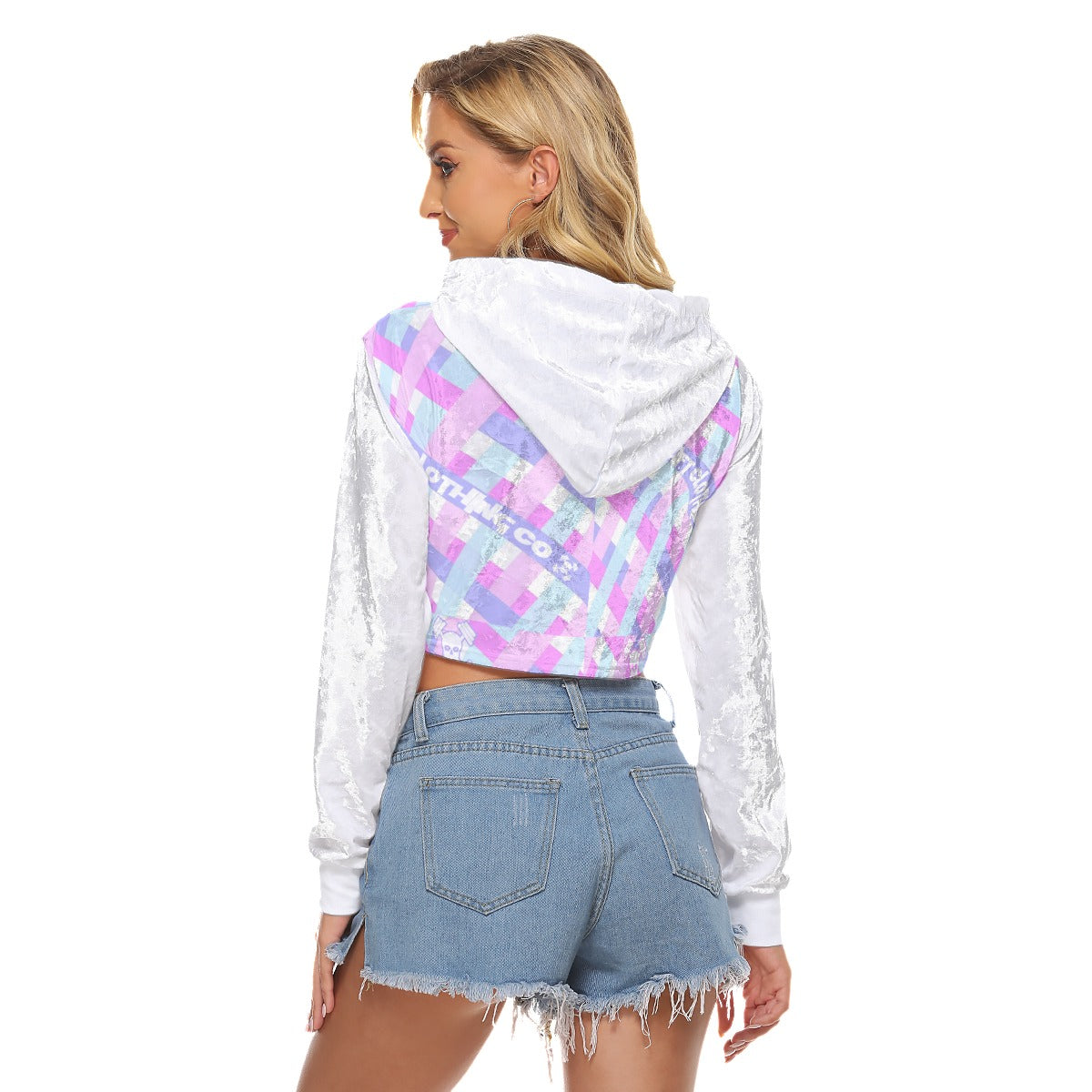 Gingham Branded Crop Top Hoodie|Velvet