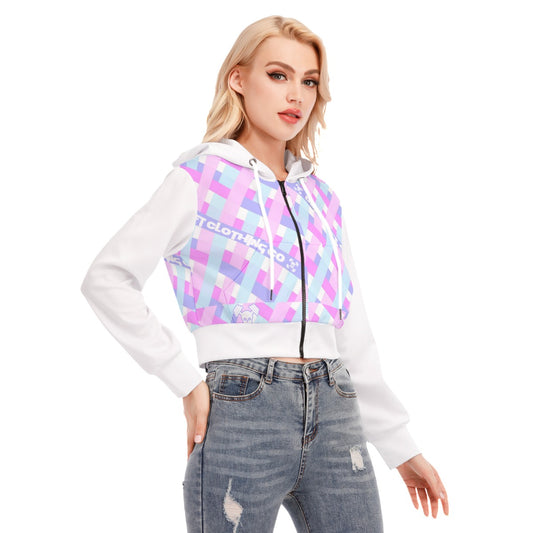 Gingham Branded Crop Top Hoodie With Zipper Closure