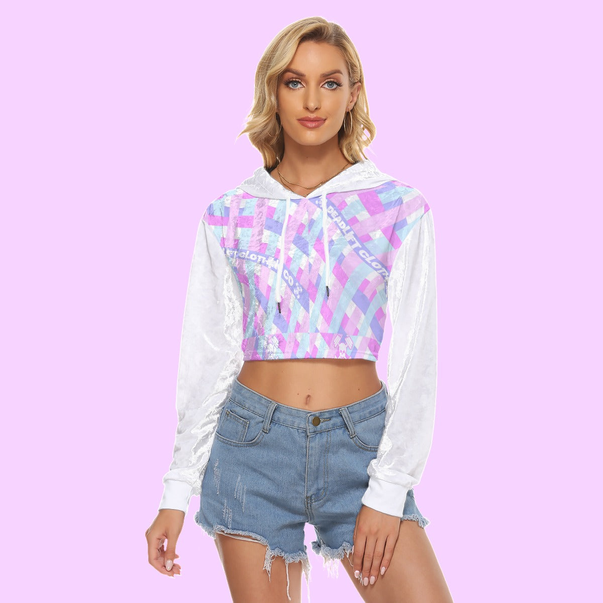 Gingham Branded Crop Top Hoodie|Velvet