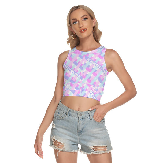 Gingham Branded Sleeveless Back Hollow Crop Top