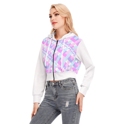 Gingham Branded Crop Top Hoodie With Zipper Closure