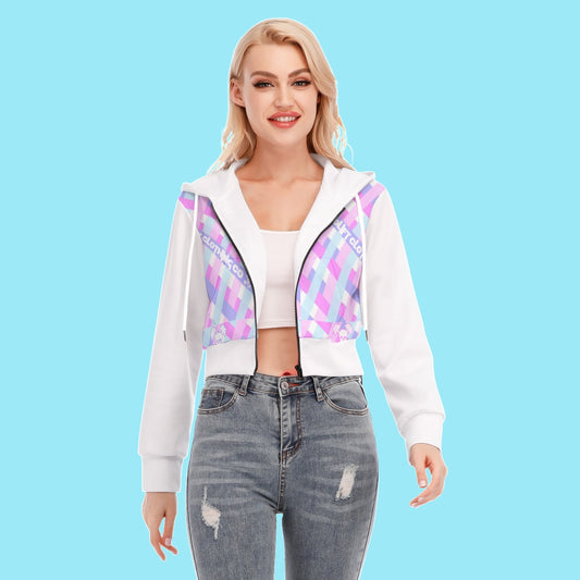 Gingham Branded Crop Top Hoodie With Zipper Closure